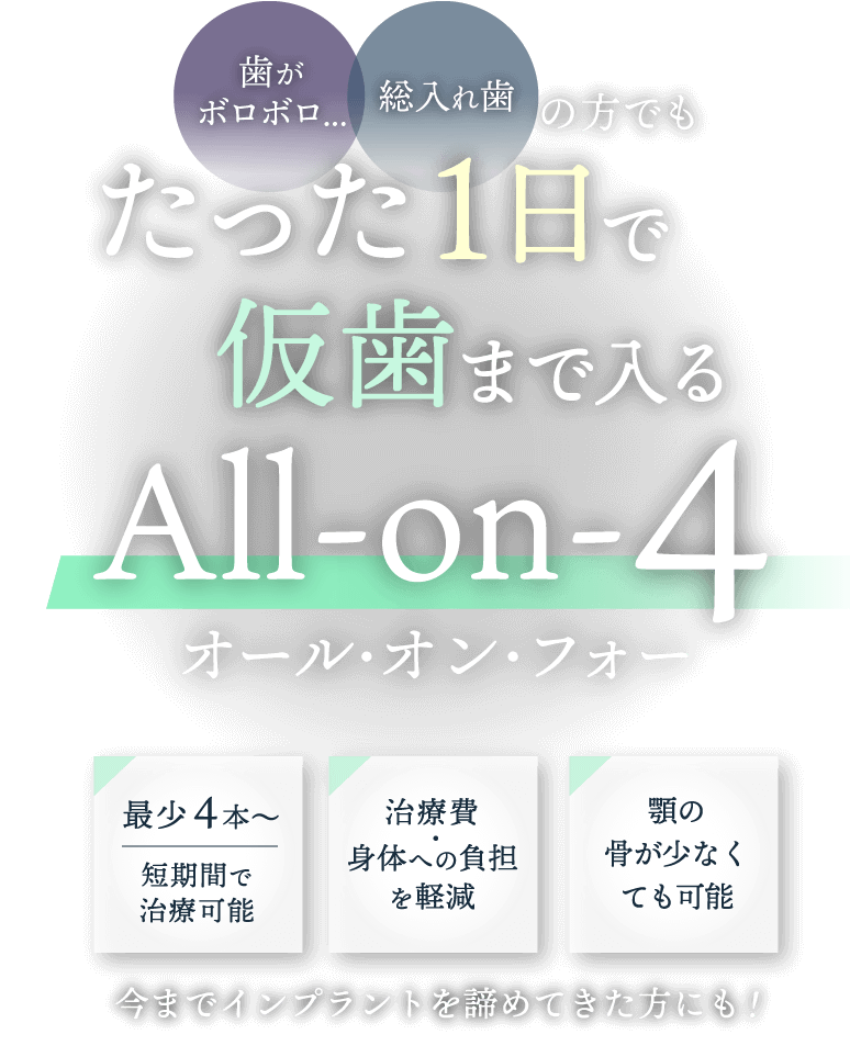 歯がボロボロ・総入れ歯の方でも たった1日で仮歯まで入る All-on-4（オール・オン・フォー）＜最少4本〜 短期間で治療可能＞＜治療費・身体への負担を軽減＞＜顎の骨が少なくても可能＞今までインプラントを諦めてきた方にも！