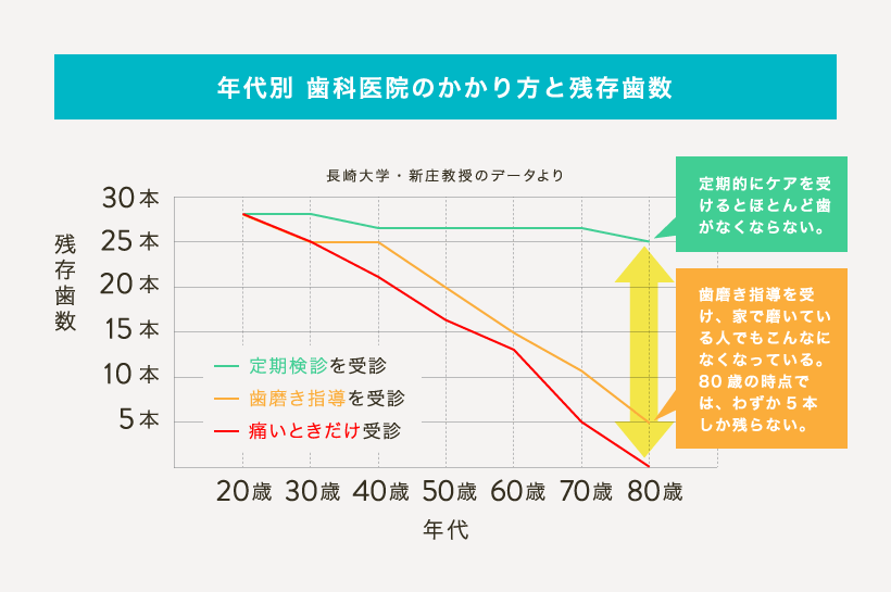 年代別 歯科医院のかかり方と残存歯数